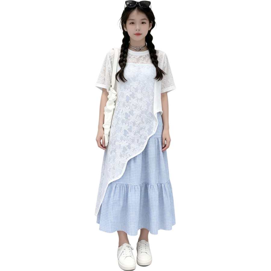 YALU Grade School Two Piece Skirt Sets Crew Neck Moderate Midi Skirt