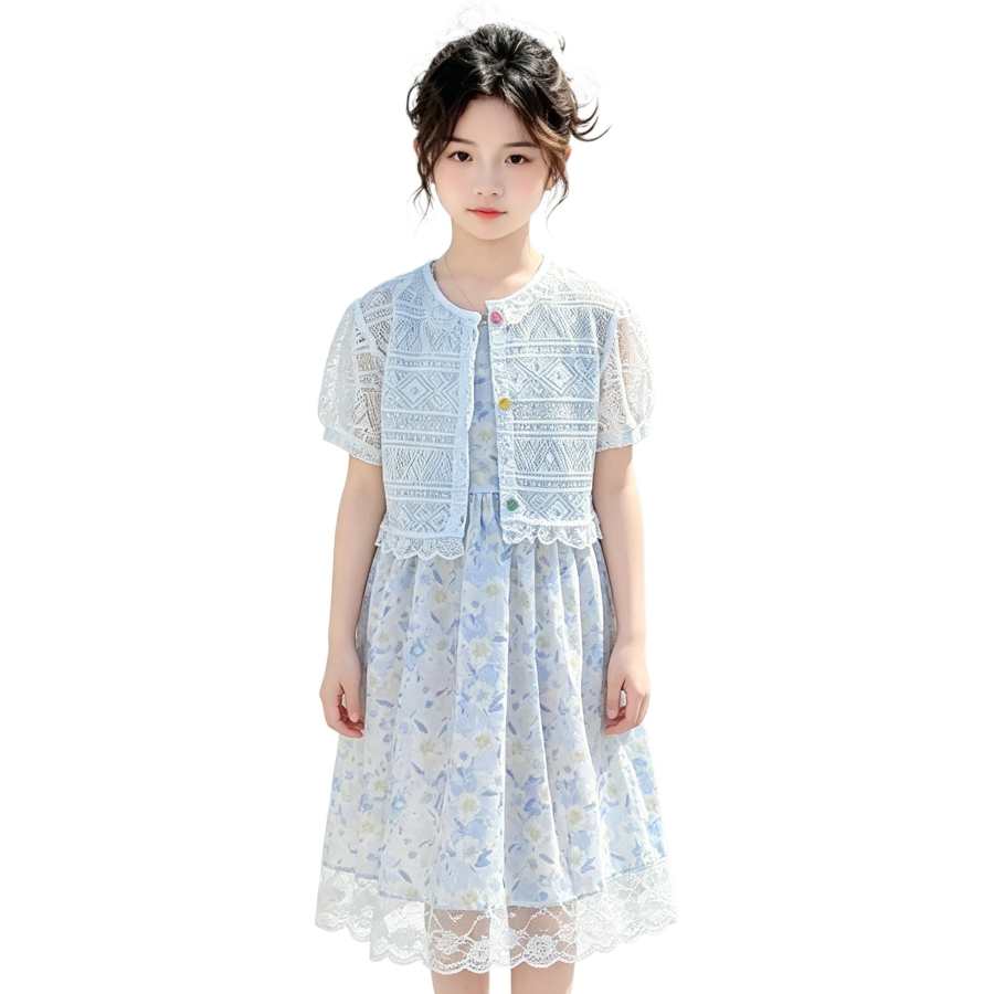 YALU Grade School Two Piece Skirt Sets Crew Neck Moderate Midi Skirt