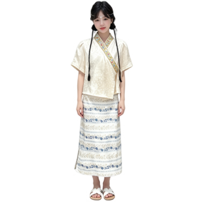YALU Grade School Two Piece Skirt Sets V Neck Thin Long Skirt