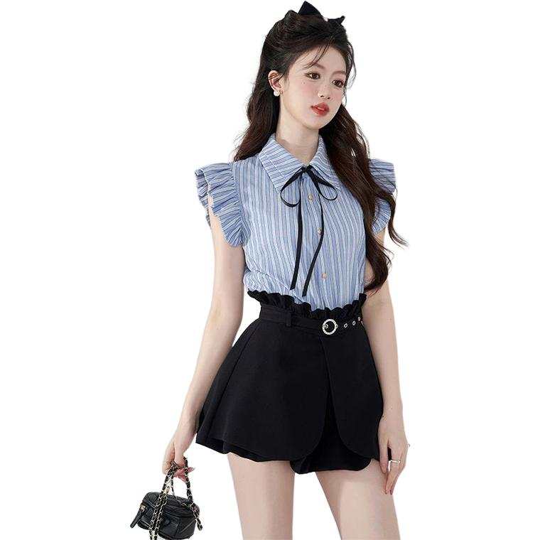 SIXUSICHOU Shirts Women's Blue Shirt With Tie Lapel Thin Nipped In Waist