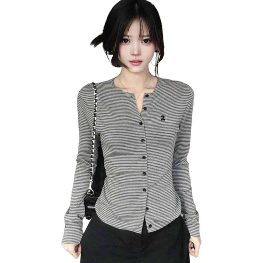 Cotton Gene Knitwear Women's Gray Crew Neck Moderate Cardigan