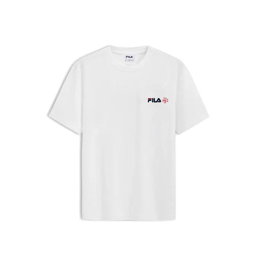 FILA T Shirts Unisex White Pink Cat Paw Crew Neck Moderate Straight Fit