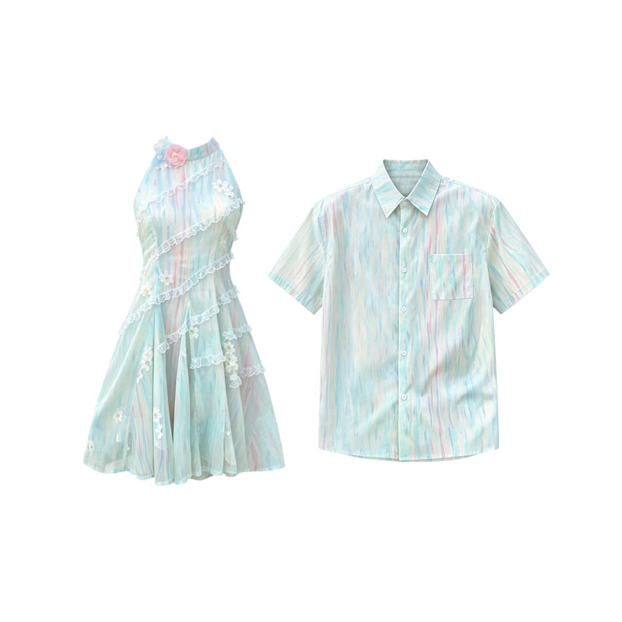 TUSHIFEI Couple Sets Women's Polo Collar Moderate Short Skirt