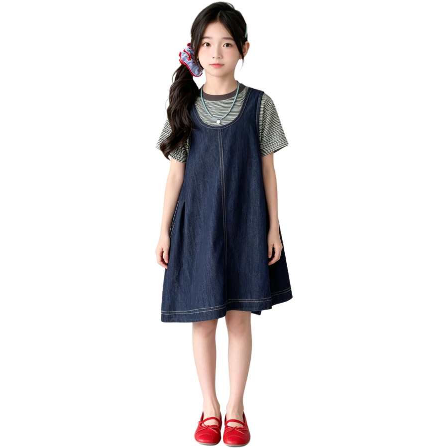 YALU Grade School Two Piece Skirt Sets Crew Neck Moderate Midi Dress
