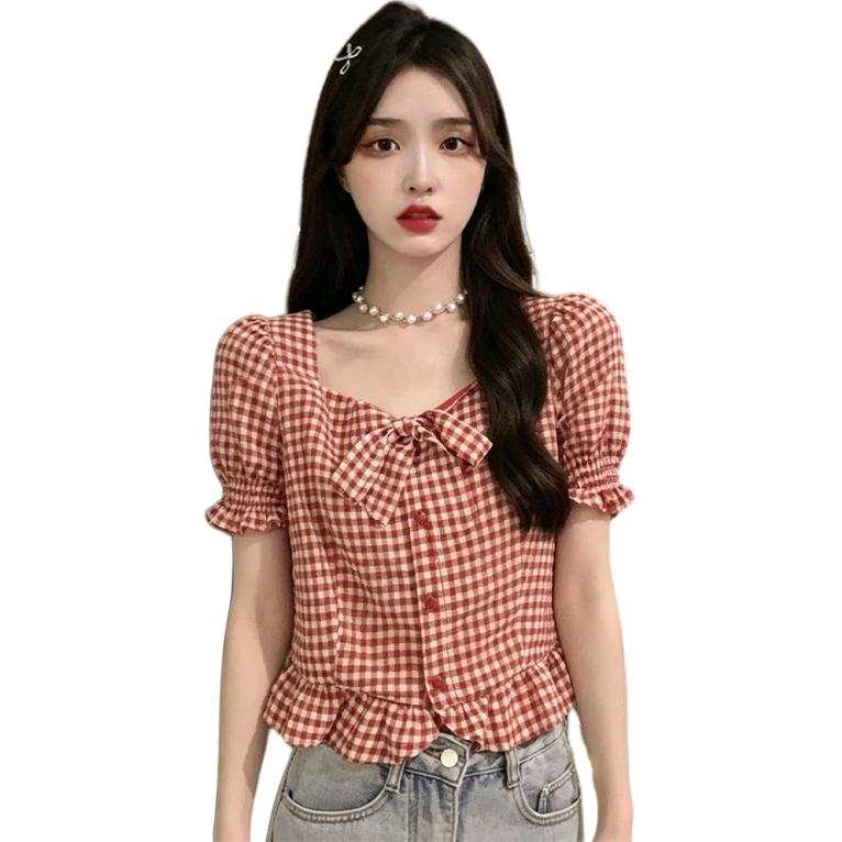 SIXUSICHOU Shirts Women's Red Square Collar Thin Shirt
