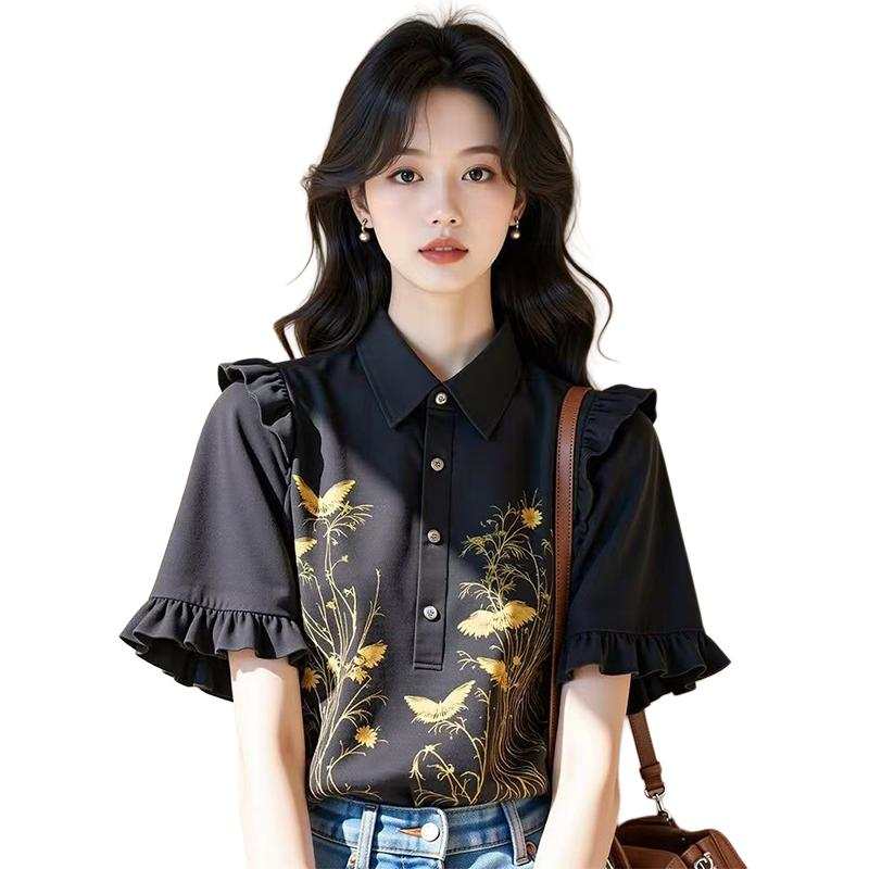 SIXUSICHOU Shirts Women's Black Lapel Thin Shirt