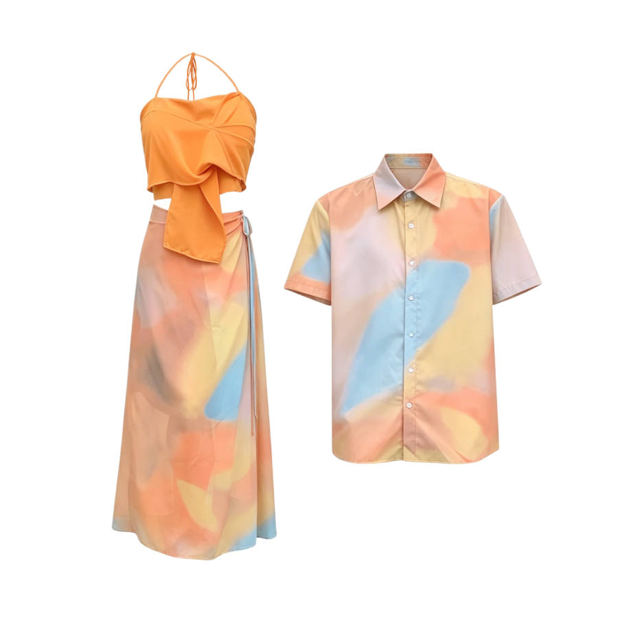 TUSHIFEI Couple Sets Women's Polo Collar Moderate Long Skirt