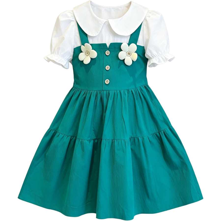 YALU Kids Dresses Peter Pan Collar Moderate Midi Dress Non Stretch