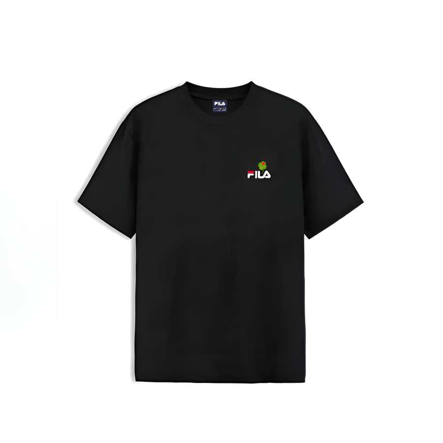 FILA T Shirts Unisex Black Embroidery Four Leaf Clover Crew Neck Moderate Straight Fit