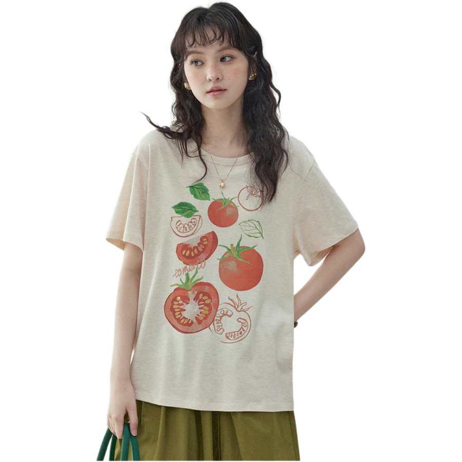 Cotton Gene T Shirts Women's Apricot Crew Neck Moderate Straight Fit