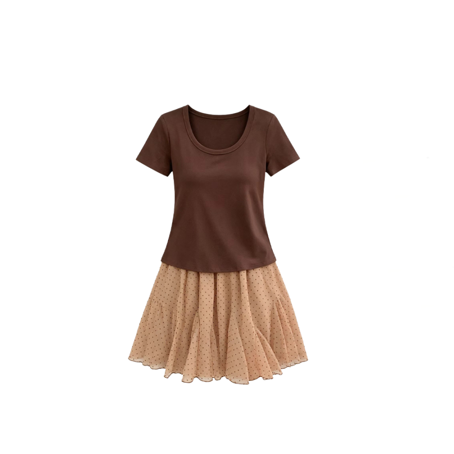 CPAURA Two Piece Skirt Sets Women's Crew Neck Moderate Short Skirt
