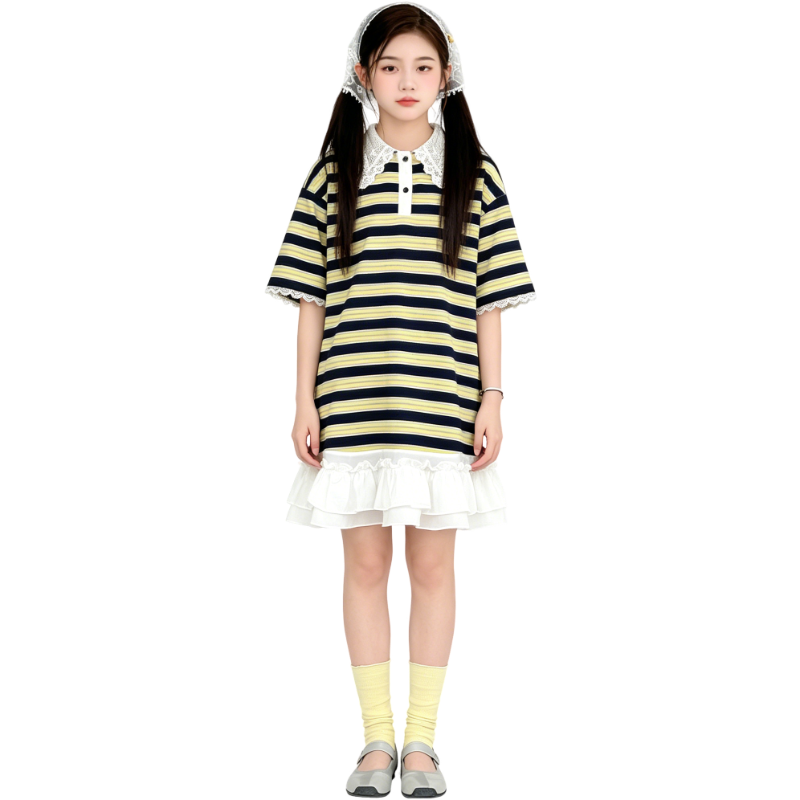 YALU Grade School Dresses Polo Collar Moderate Midi Skirt