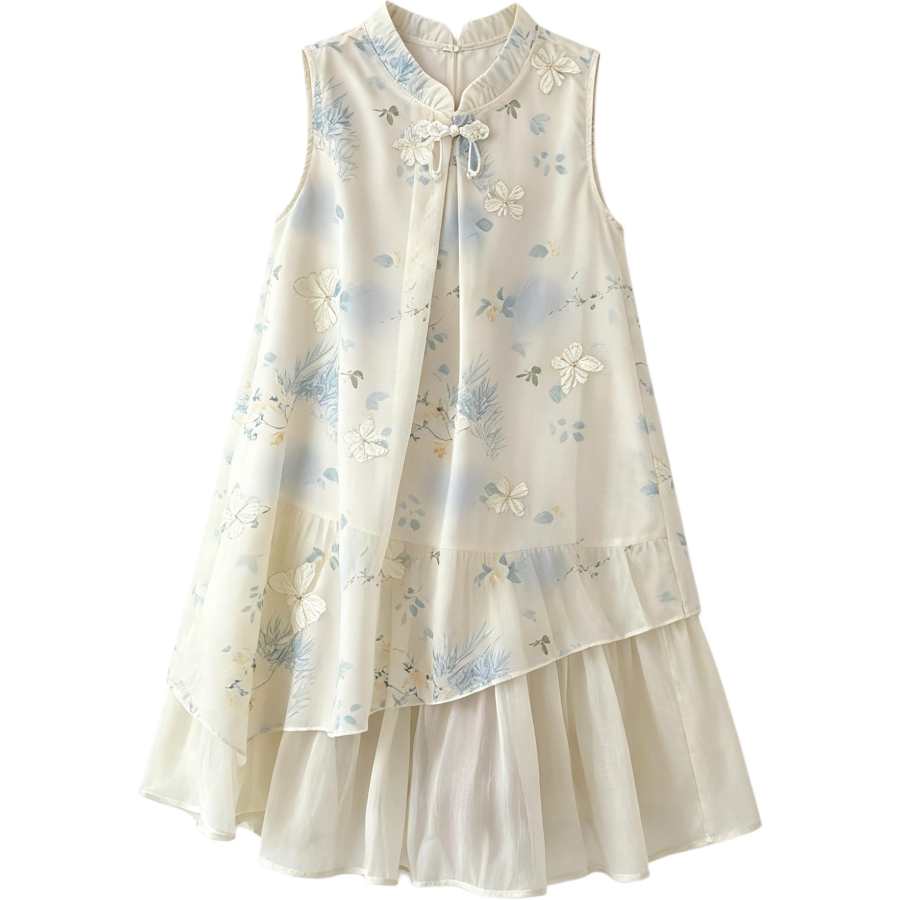 YALU Kids Dresses Mandarin Collar Thin Midi Skirt Non Stretch