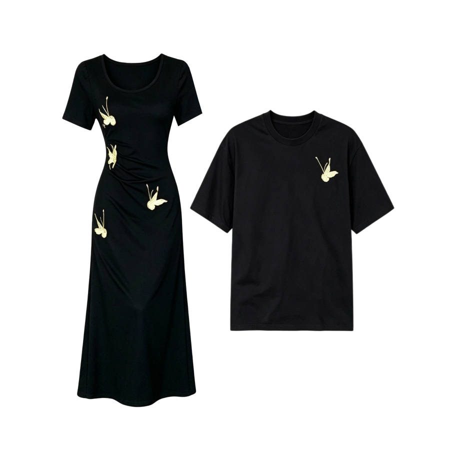 TUSHIFEI Couple Sets Women's Crew Neck Moderate Long Skirt