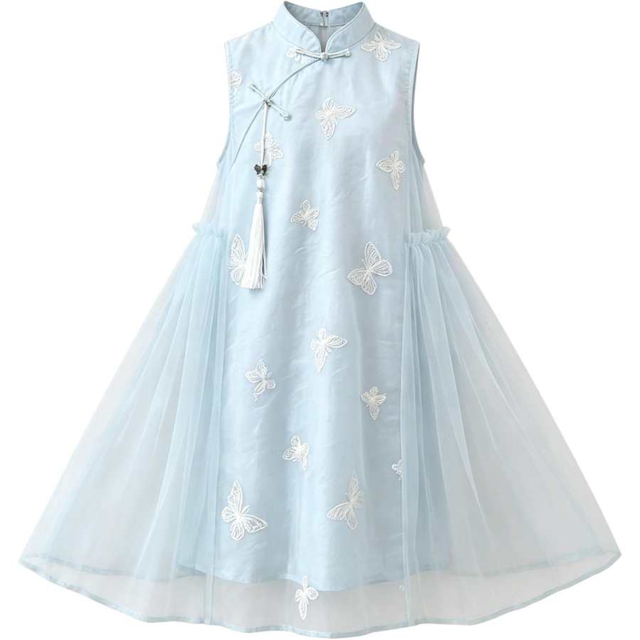 YALU Kids Dresses Stand Collar Moderate Midi Dress Non Stretch