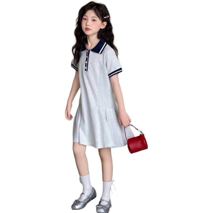 YALU Grade School Dresses Polo Collar Moderate Midi Skirt