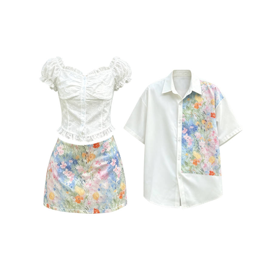 TUSHIFEI Couple Sets Women's Polo Collar Moderate Short Skirt