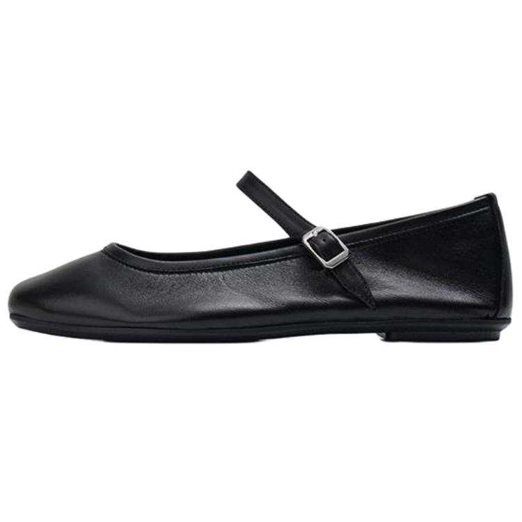 Reqins Leather Flat Mary Jane Shoes Women's Black
