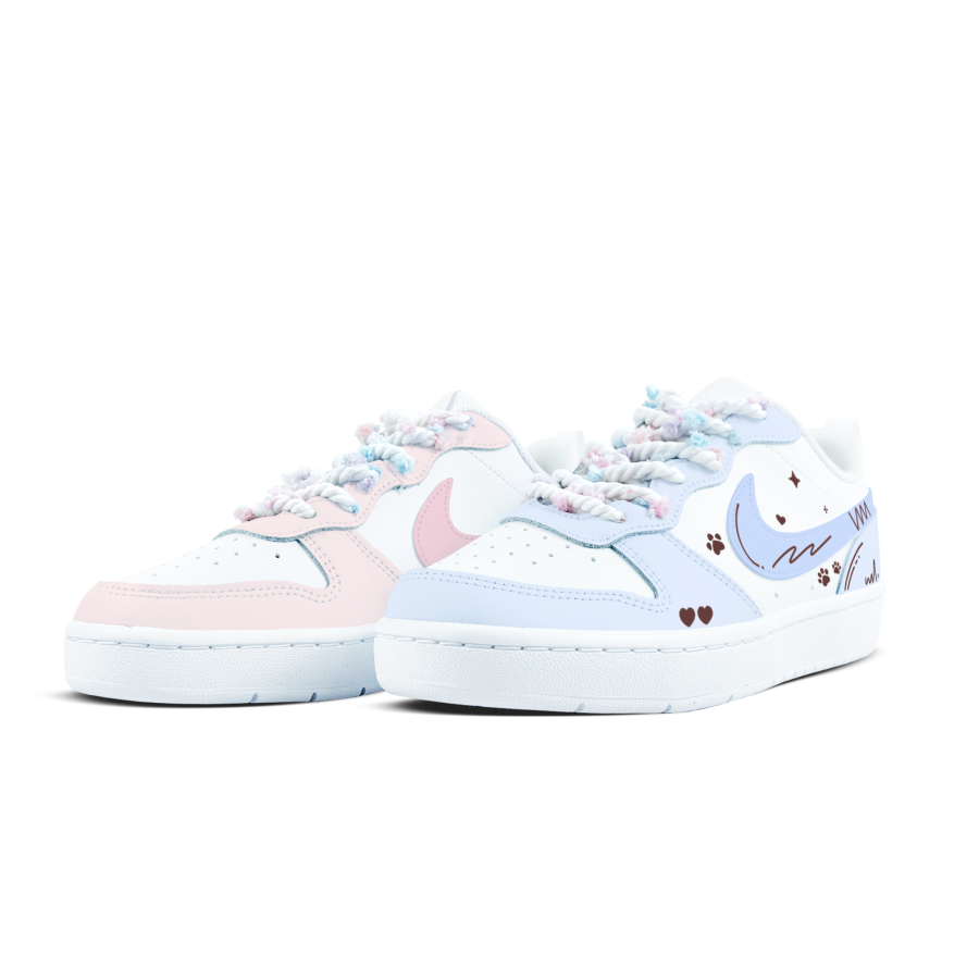 Nike Nike Court Borough Cat Paw Stealing Heart Blue Pink Mismatched Leather Kids' Skateboarding Shoes Teenagers