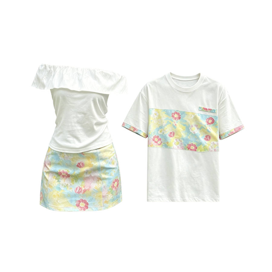 TUSHIFEI Couple Sets Women's Crew Neck Moderate Short Skirt