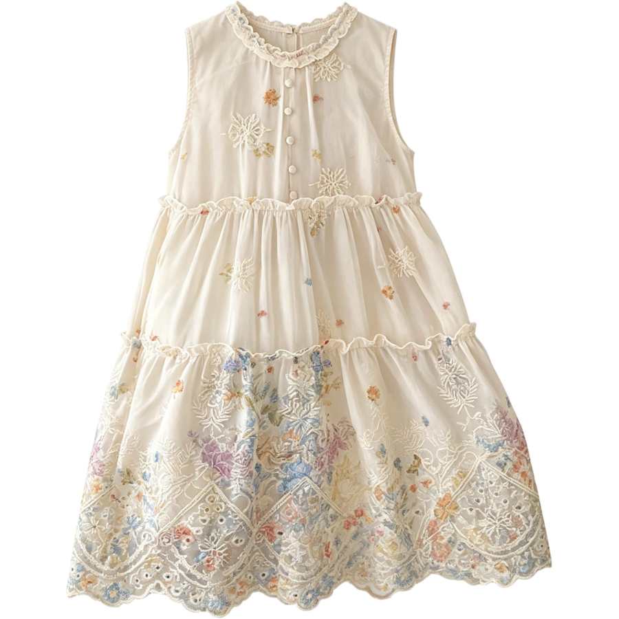 YALU Kids Dresses Lettuce Edge Collar Thin Midi Skirt Non Stretch