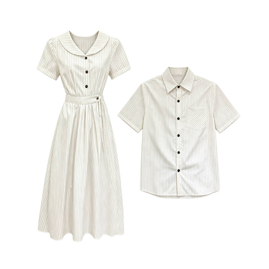 TUSHIFEI Couple Sets Women's Polo Collar Moderate Midi Skirt