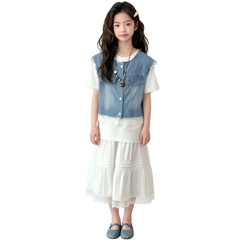 YALU Grade School Two Piece Skirt Sets Crew Neck Thin Long Skirt