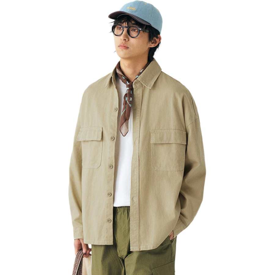 Tonlion Denim Jackets Unisex Khaki Lapel Moderate Straight Fit