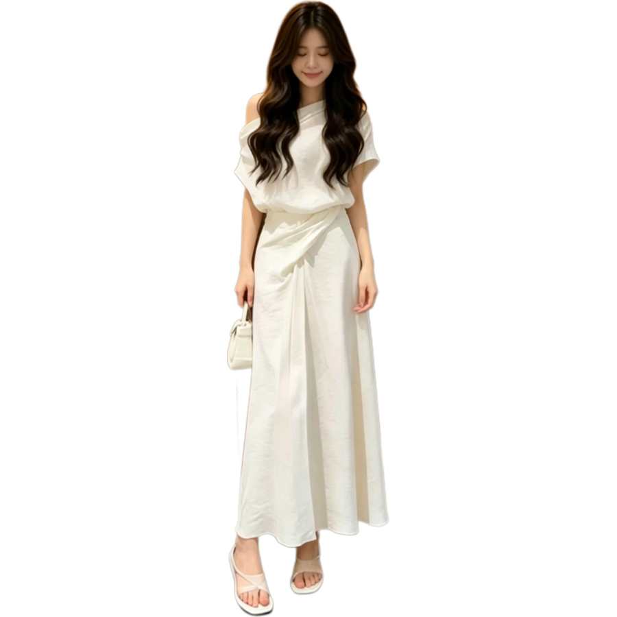 Cotton Gene Two Piece Skirt Sets Women's Asymmetrical Shoulder Moderate Long Skirt