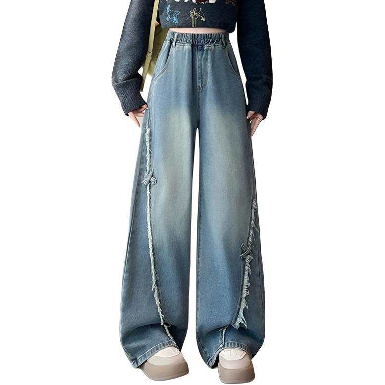 SIXUSICHOU Jeans Women's Fringe Pants Moderate Wide Leg Pants