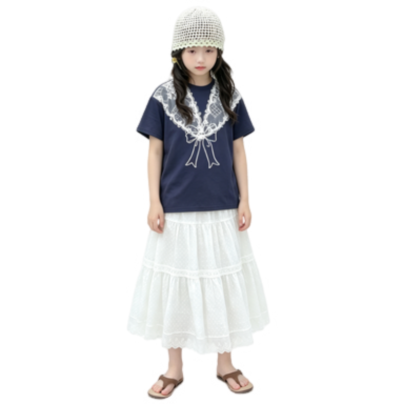 YALU Grade School Two Piece Skirt Sets Crew Neck Thin Long Skirt
