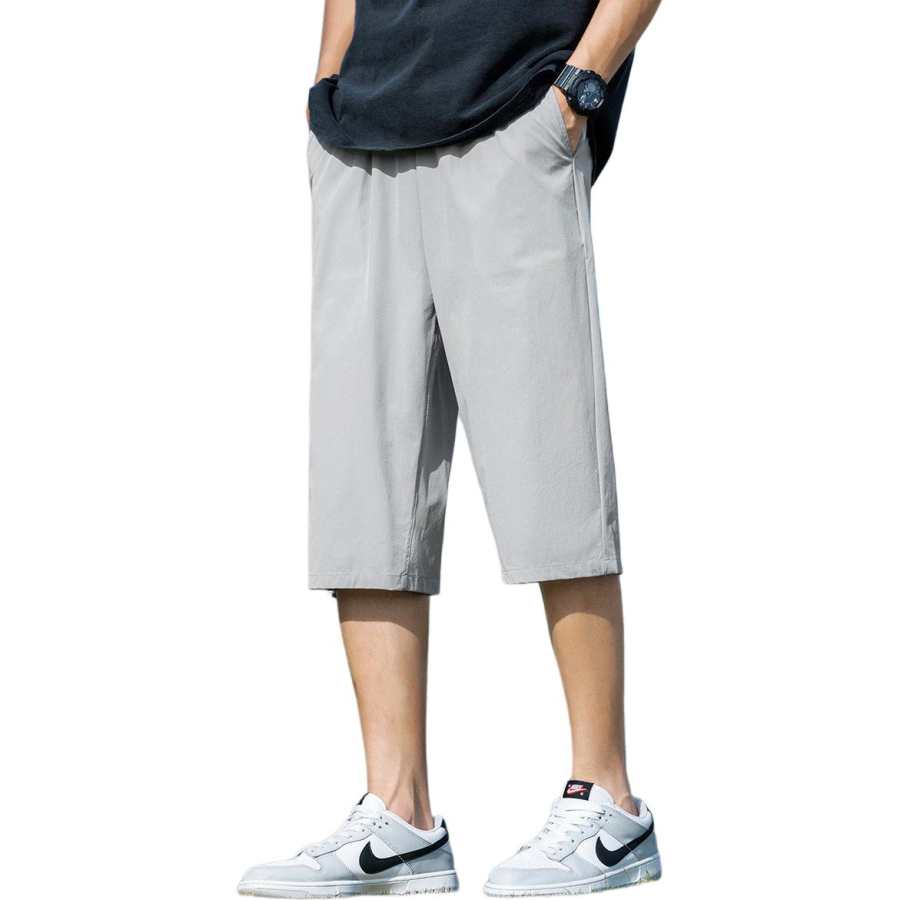 Tonlion Casual Shorts Unisex Light Gray Thin Straight Fit Pants
