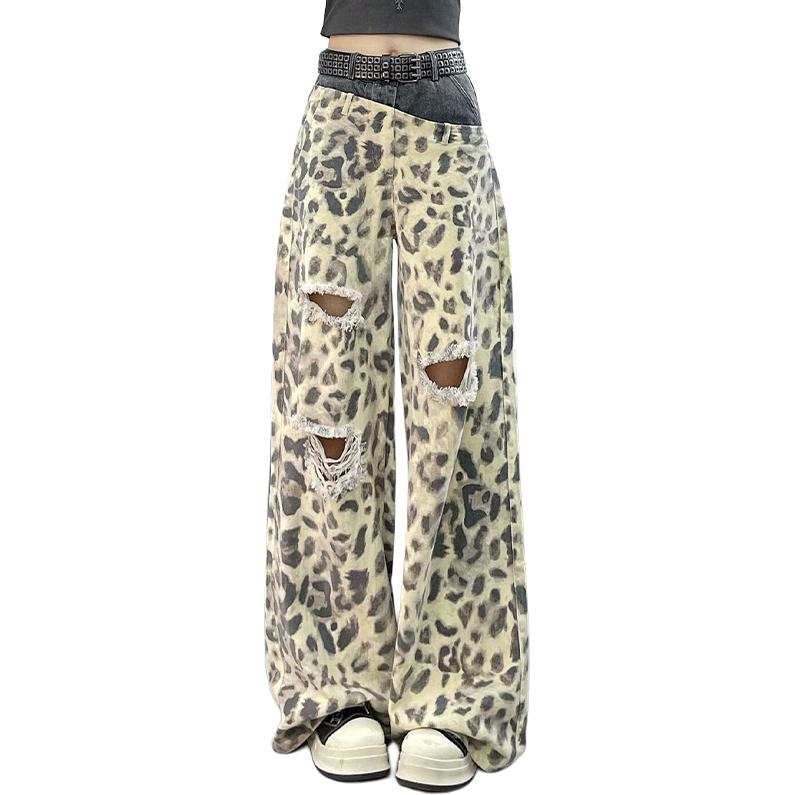SIXUSICHOU Jeans Women's Leopard Print Jeans Moderate Wide Leg Pants