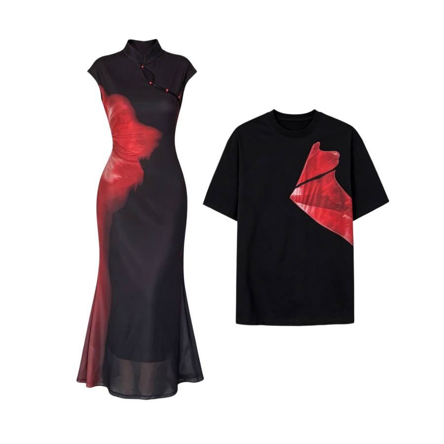 TUSHIFEI Couple Sets Women's Crew Neck Moderate Long Skirt