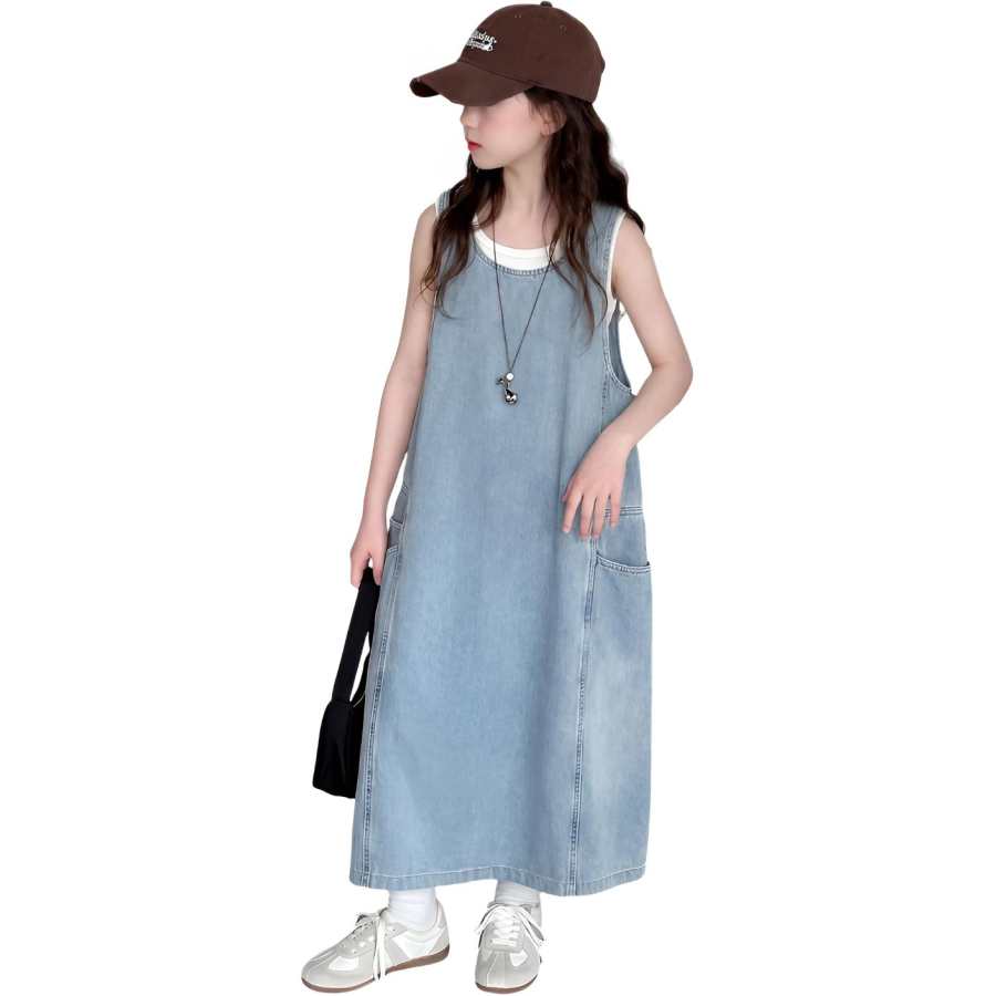 TNTX Kids Dresses Crew Neck Thin Midi Skirt Non Stretch