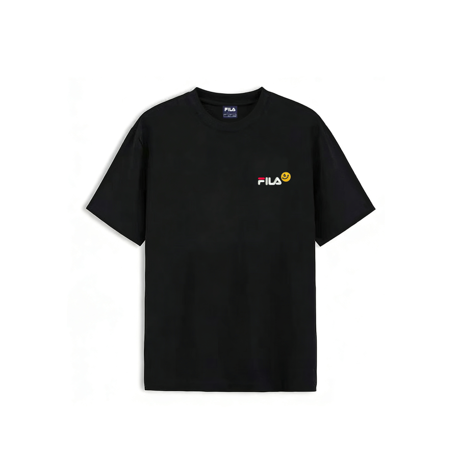 FILA T Shirts Unisex Black Embroidery Smiley Face Crew Neck Moderate Straight Fit