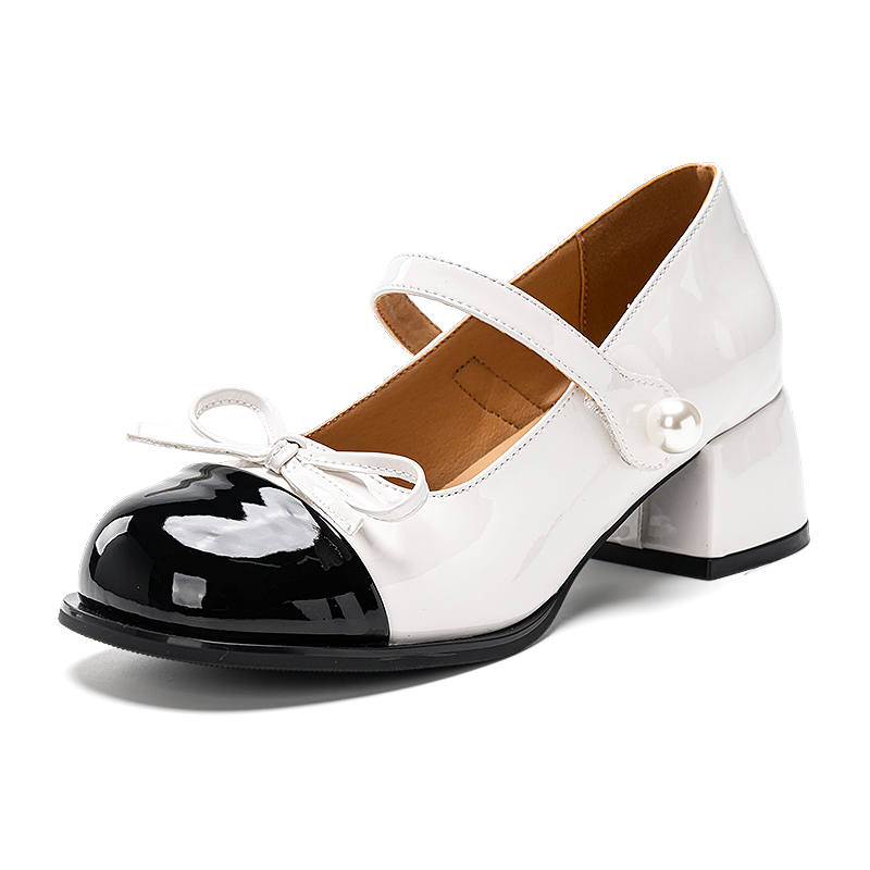 Warrior Block Heel Mary Jane Shoes 5CM Women's Beige Black