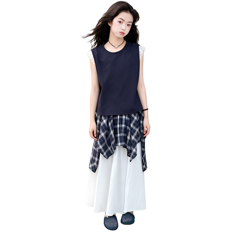YALU Grade School Two Piece Skirt Sets Crew Neck Thin Long Skirt
