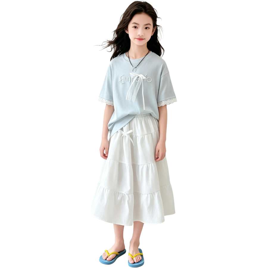 YALU Grade School Two Piece Skirt Sets Crew Neck Thin Long Skirt
