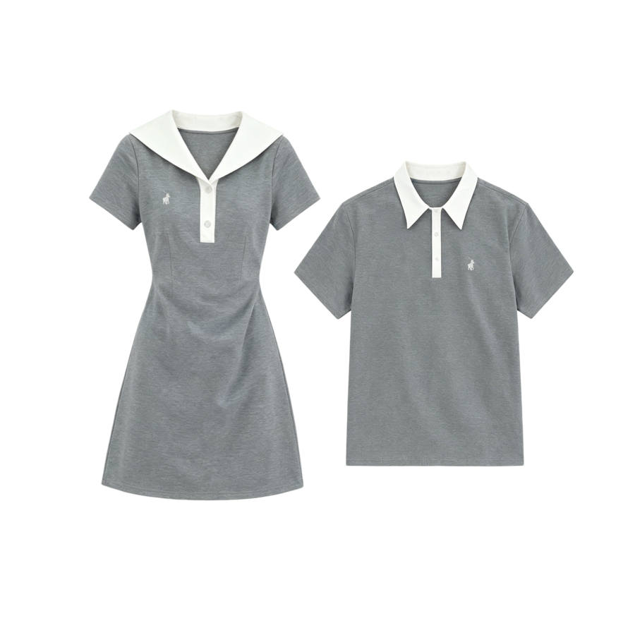 TUSHIFEI Couple Sets Women's Polo Collar Moderate Short Skirt
