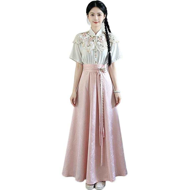 SIXUSICHOU Two Piece Skirt Sets Women's Stand Collar Moderate Long Skirt