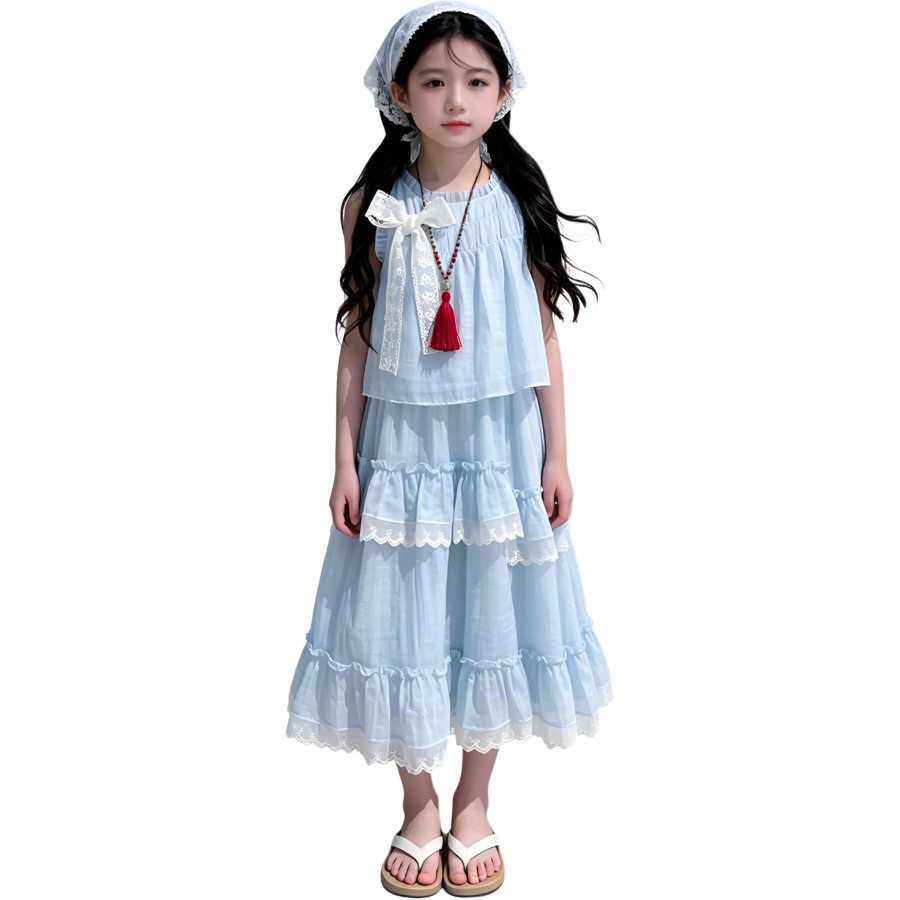 YALU Grade School Two Piece Skirt Sets Crew Neck Thin Long Skirt