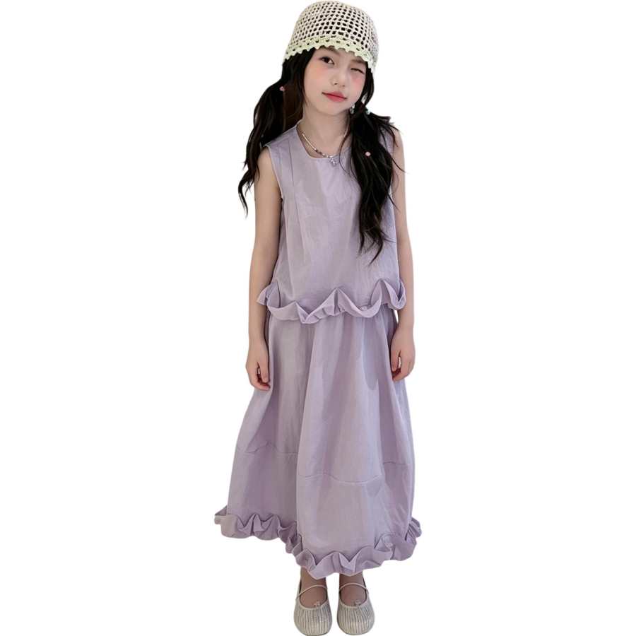 YALU Grade School Two Piece Skirt Sets Crew Neck Thin Long Skirt
