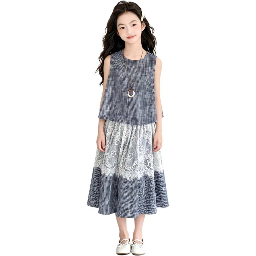 YALU Grade School Two Piece Skirt Sets Crew Neck Thin Short Skirt