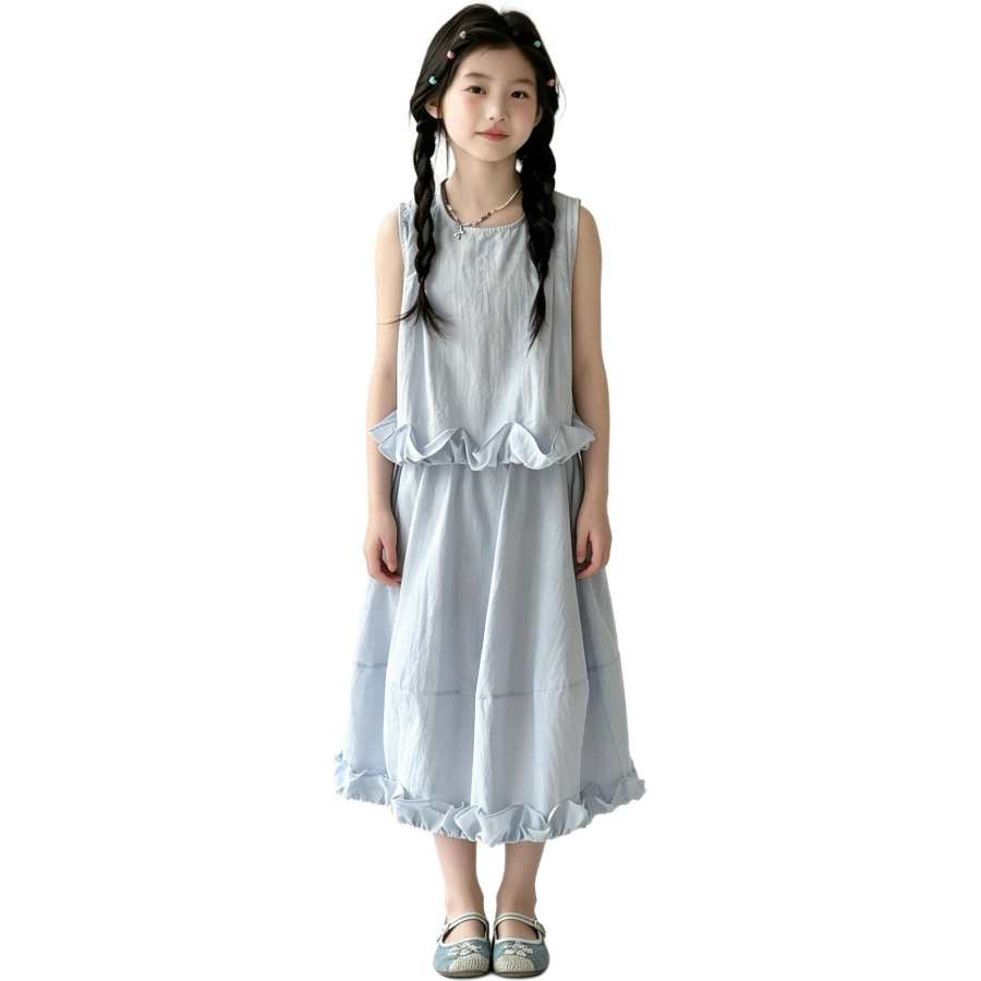 YALU Grade School Two Piece Skirt Sets Crew Neck Thin Long Skirt