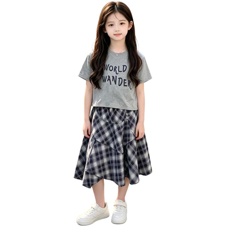 YALU Grade School Two Piece Skirt Sets Crew Neck Thin Long Skirt
