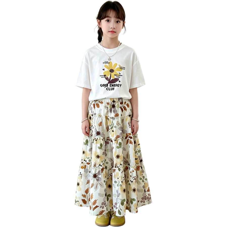 YALU Grade School Two Piece Skirt Sets Crew Neck Thin Long Skirt