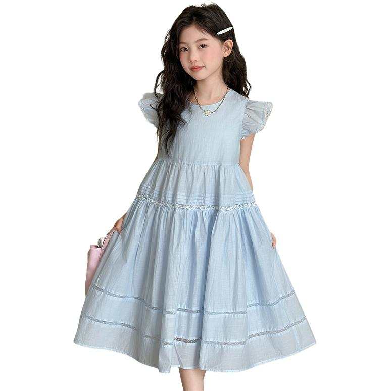 TNTX Kids Dresses Crew Neck Thin Midi Skirt Non Stretch