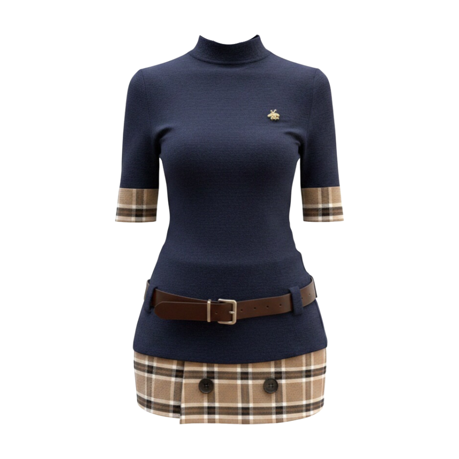 MTHE Two Piece Skirt Sets Women's Set With Belt Half Turtleneck Moderate Short