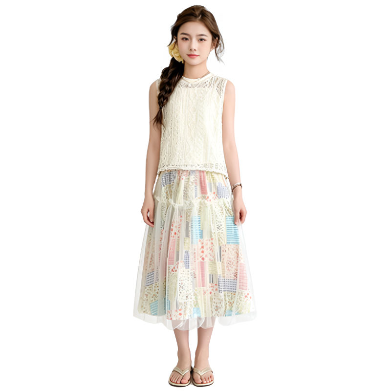 YALU Grade School Two Piece Skirt Sets Crew Neck Thin Long Skirt